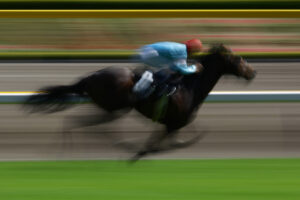 O evento de corrida de cavalos na pista de corrida de Tóquio, onde um cavalo preto está correndo com um cavaleiro de boné vermelho.